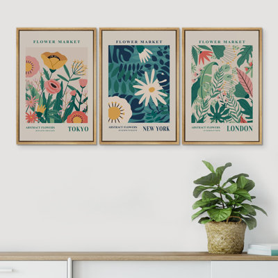 «Flower Market New York City Abstract Floral Botanical Modern Art Colorful Multicolor Pastel» 3 pièces