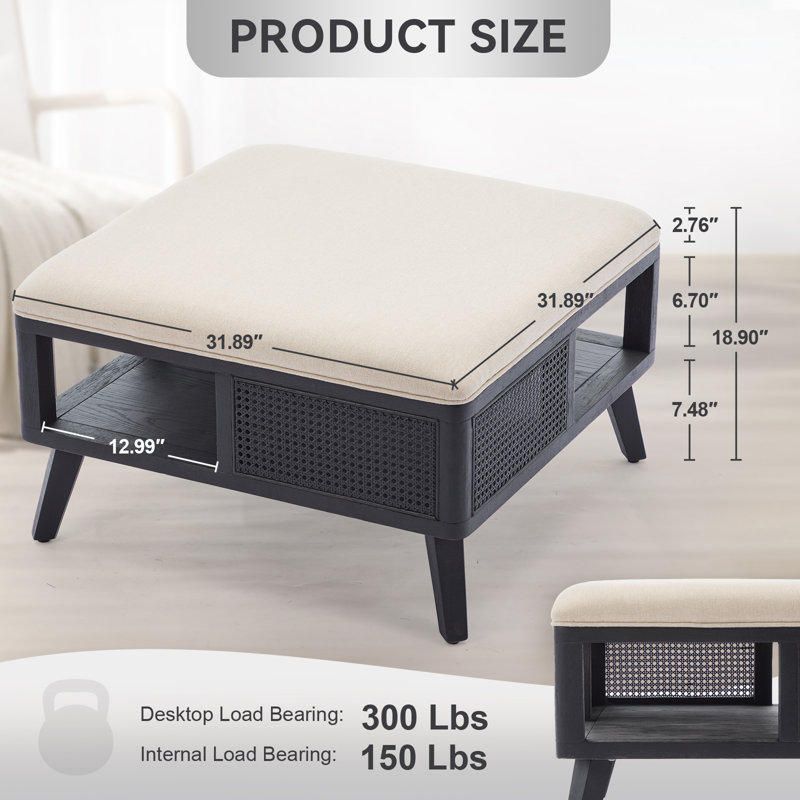 Square Rattan Coffee Table with Storage, Black