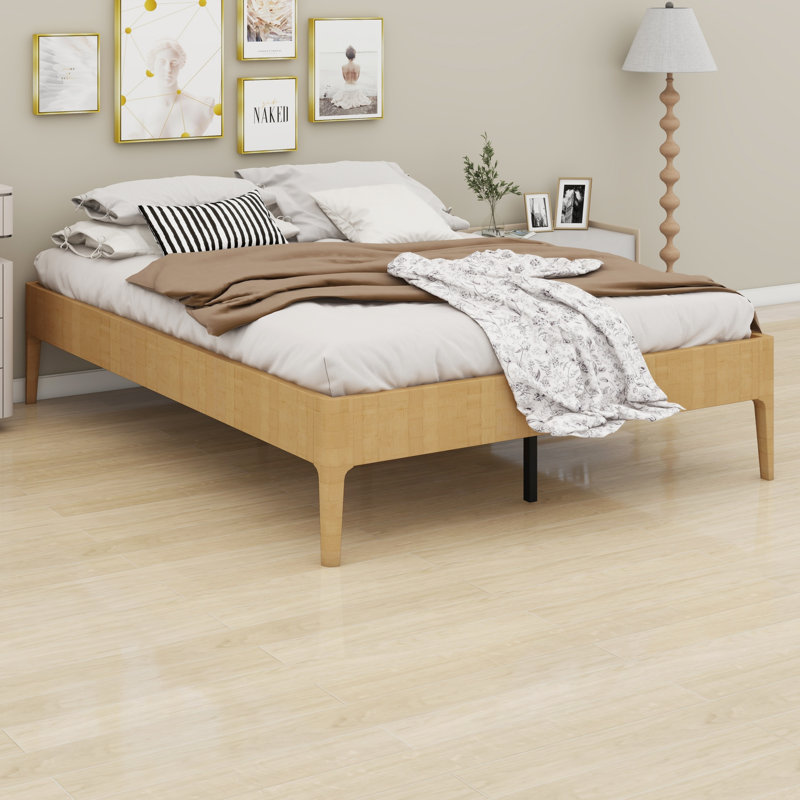 Base de lit plateforme contemporaine en bois avec lattes de bois et support en métal, Naturel