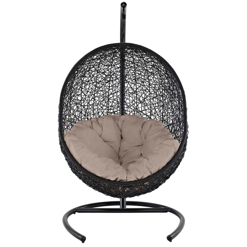 Espresso Metal and Beige Rattan Outdoor Hanging Swing Chair