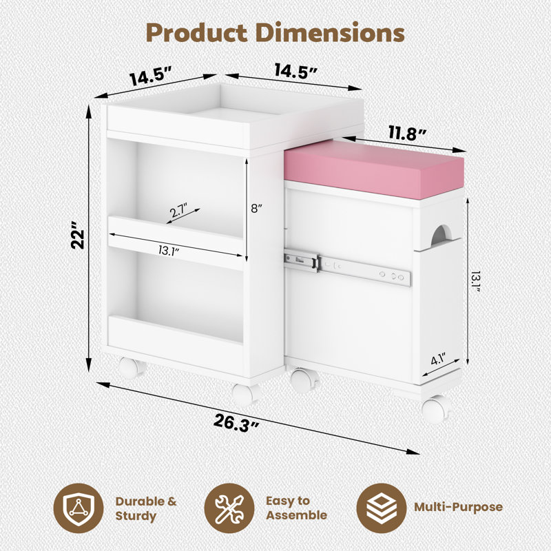 Repose-pieds de pédicure extensible avec coussin en polyuréthane, tabouret de bain de pieds mobile de 14,5 po avec roulettes verrouillables et rangement, chariot de pédicure peu encombrant pour salon, Nail Tech, spa