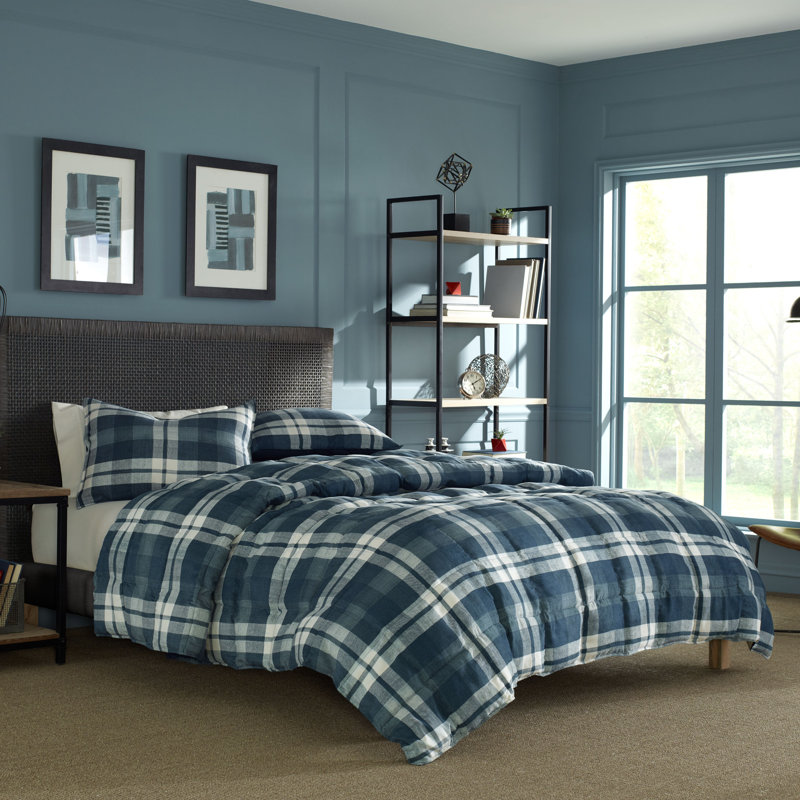 Navy Plaid Microfiber Twin Comforter Set with Sham