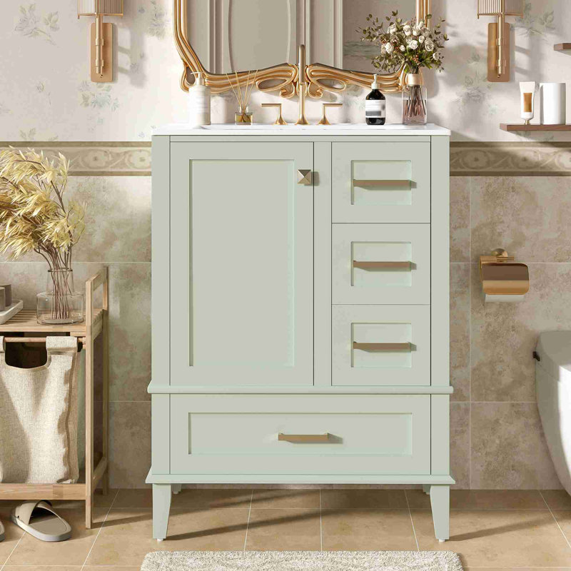 Bathroom Vanity With Storage, Gold, Light Green, 24"