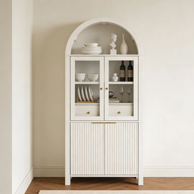 Elegant Fluted Tall Arched Pantry Cabinet With Adjustable Shelves And Hidden Drawer