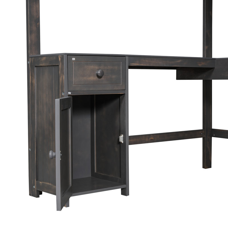 Lit mezzanine double antique brun avec bureau en U et tablette de rangement - Bois pour chambre à coucher avec bureau, tiroirs en construction stable