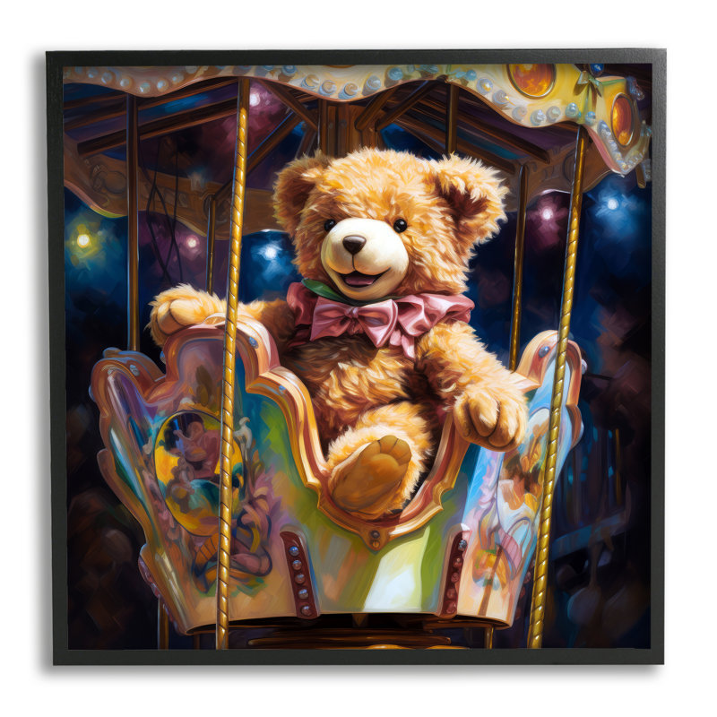 Ba-971 - Ours en peluche sur carrousel encadré sur bois par Ray Powers, Giclée encadrée noir minuit