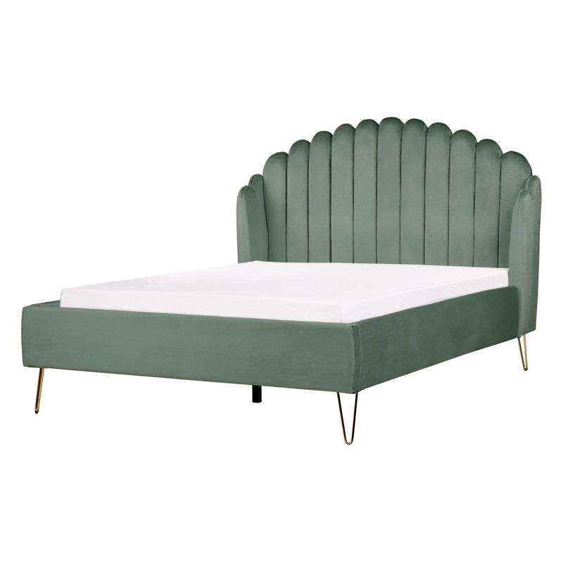 Azmina Upholstered Velvet Bed, European Double (140 x 200cm), Green/Gold