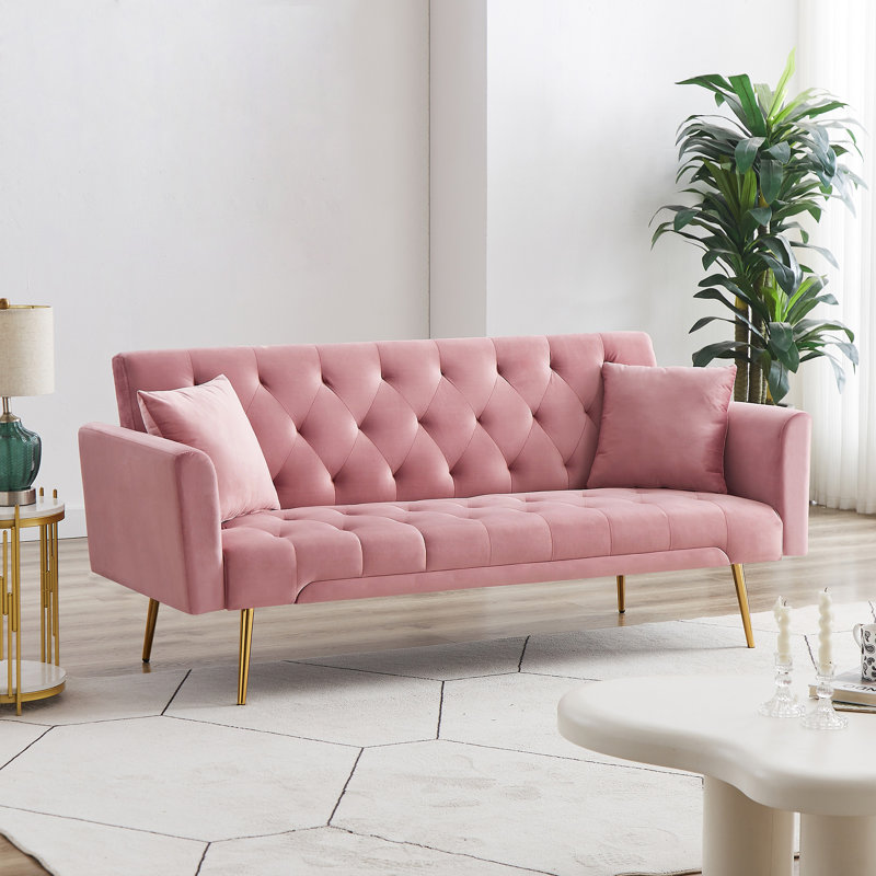 71-inch down-filled couple's soft sofa with 3-position convertible feature and metal-legged sofa bed, Pink