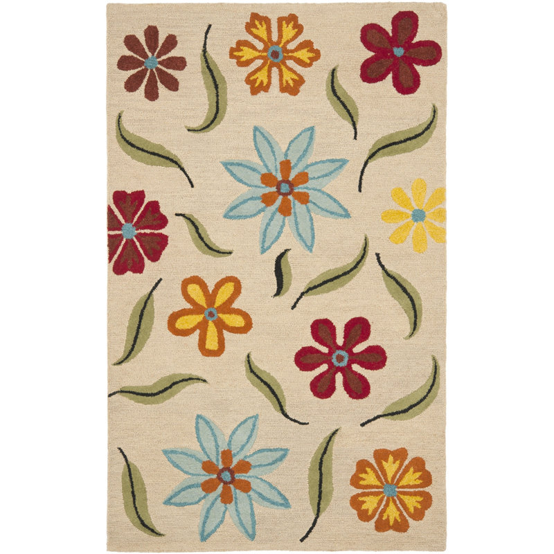 Emrick Hand Hooked Wool Floral Rug, Rectangle 5' x 8'