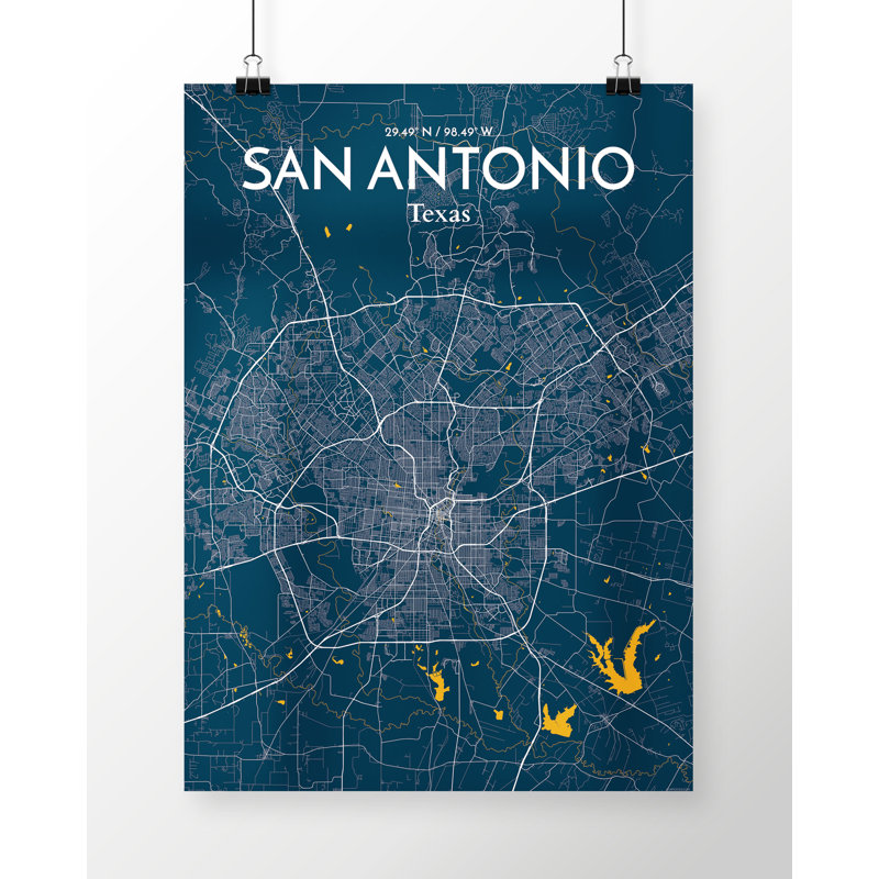 San Antonio City Map - Unframed Graphic Art Print on Paper, 43.2cm H x 27.9cm W x 0.1cm D, Black