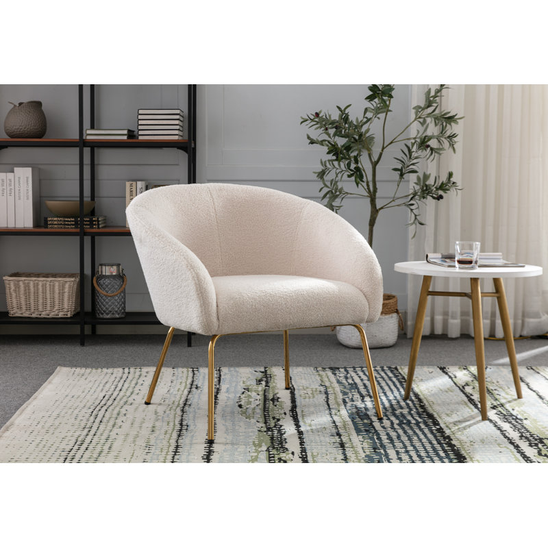 Fabric Upholstered Accent Chair with Gold Chrome Legs, White Polyester Blend
