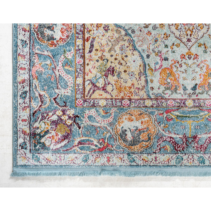 Tapis à motif oriental bleu clair Folmar, Tapis de couloir 2 pi 7 po x 10 pi