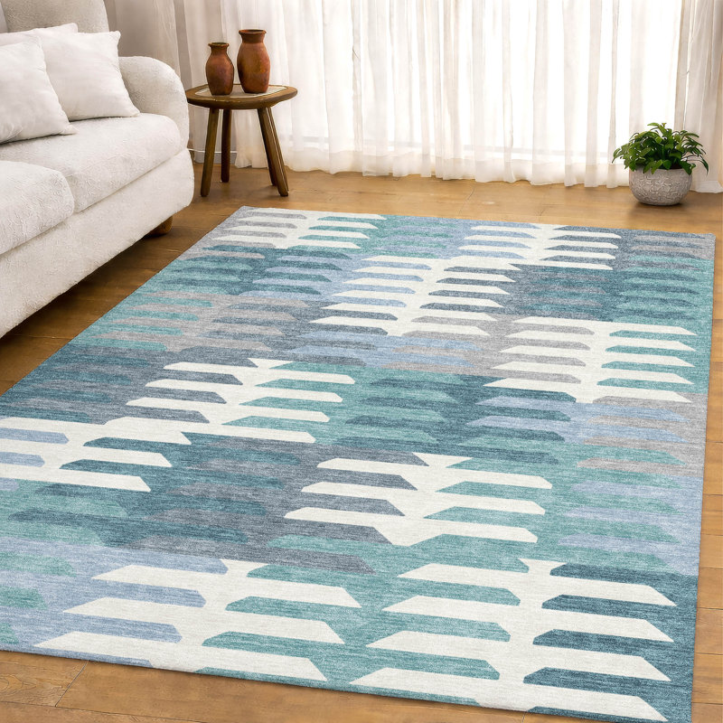 Premium Machine Washable Mayfield AMF2328 Geometric Rug, Teal, 5' x 7'6"