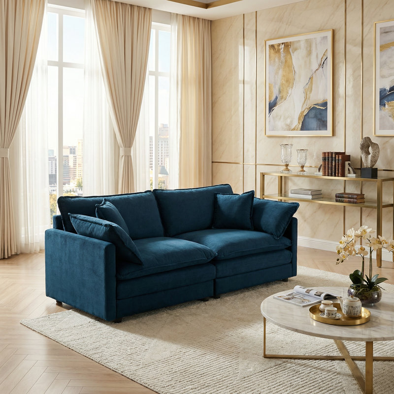 Canapé bleu modulaire à 2 places en chenille et canapé profond avec 4 coussins décoratifs
