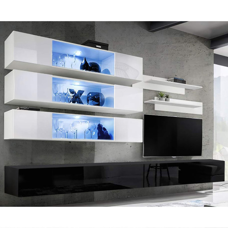 Meuble audio-vidéo flottant Nason pour téléviseur de 70 po ou moins, Blanc / noir