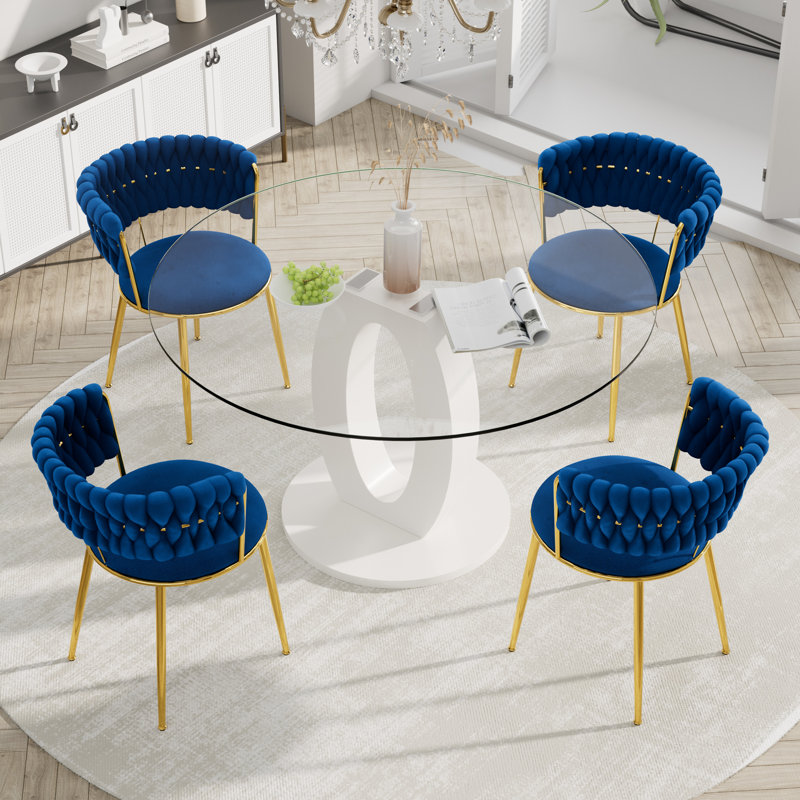 Ensemble de salle à manger à piédestal rond avec chaise de salle à manger en velours ciel, Bleu