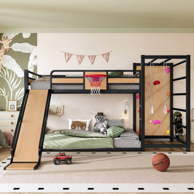 Lit superposé double en métal avec panier de basketball, anneaux de traction, mur d'escalade, bibliothèque et glissade