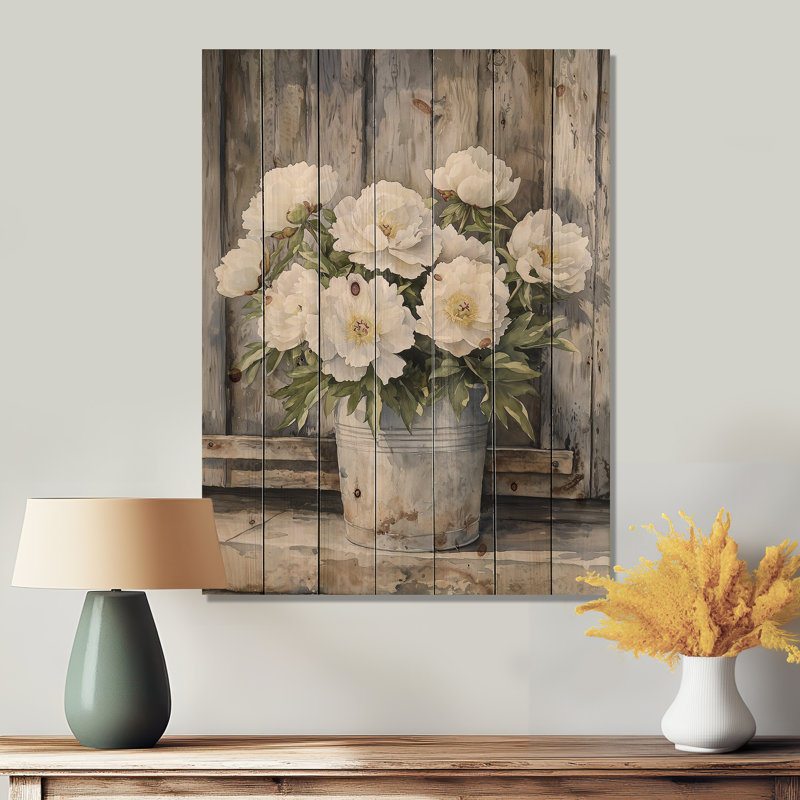 Pivoines en pot Barnyard Bloom - décoration murale en bois de pivoines - sur bois de pin naturel