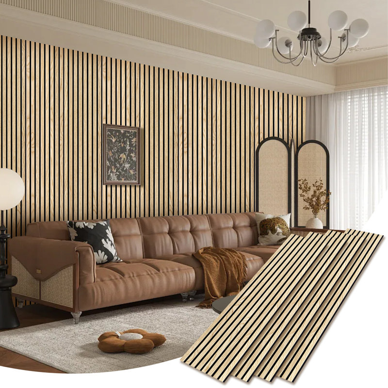 Ensemble de 4 panneaux muraux insonorisés décoratifs en bois véritable de 189 po x 25,2 po à lattes 3D (ensemble de 4), Beige