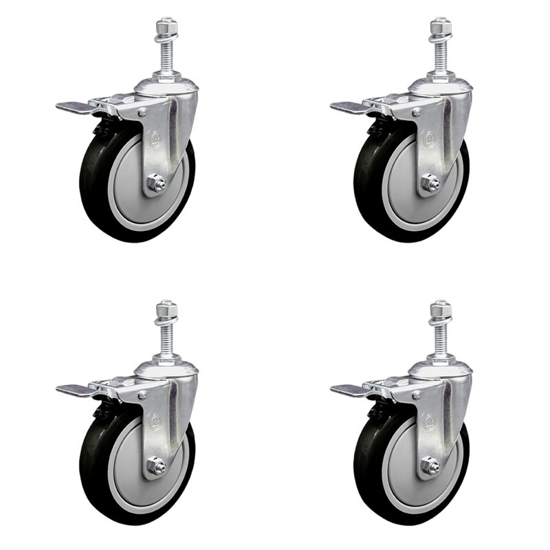 Ensemble de roulettes à tige pivotante en polyuréthane 5 pouces 10 mm avec frein à verrouillage total, Noir