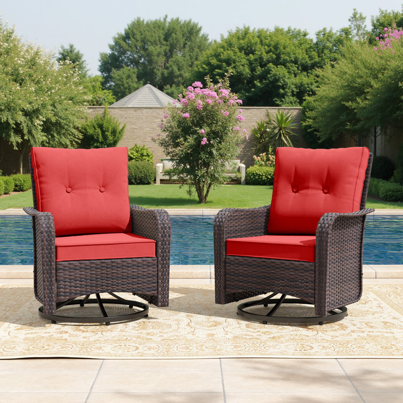 Chaise de patio à bascule pivotante en rotin toutes saisons avec coussins, Rouge