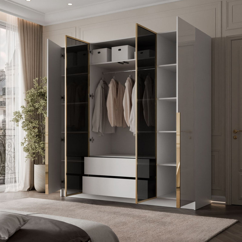 4 Door Glass Wardrobe, white/ white gloss, Gold chrome handles, without LED