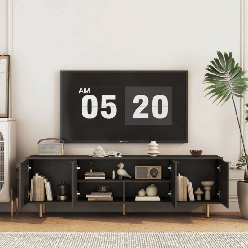 Meuble télé moderne cannelé, centre de divertissement avec portes de rangement, meuble télé avec console, pour téléviseur de 55 pouces et plus, salon