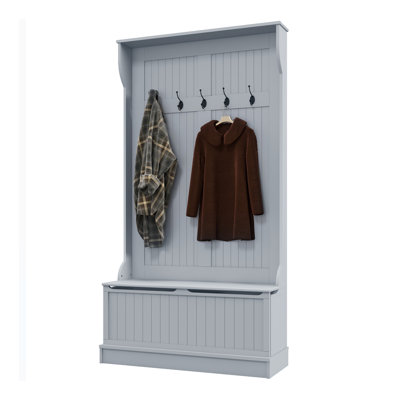 38" 3-In-1 Entryway Hall Tree With Storage Bench, Coat Rack With Four Hooks And Shoe Storage, Gray