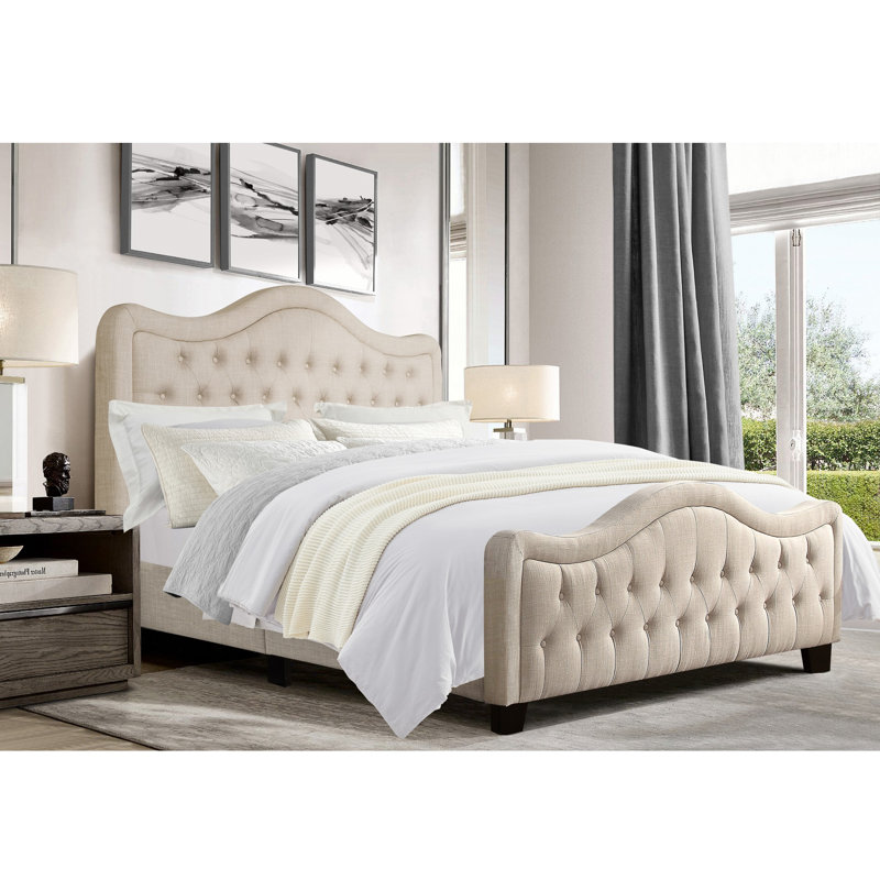 Lark Manor™ Upholstered Tufted Natural Linen Adjustable Headboard Bed, Beige, Queen