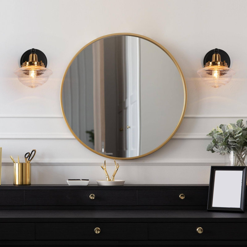 Eugie 1-Light Black & Gold Dimmable Wall Sconce with Seeded Glass for Damp Indoor