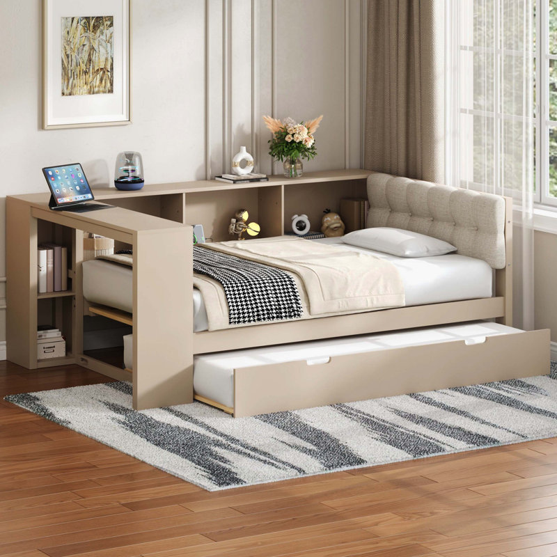 Lit plateforme simple en bois avec tablettes de rangement, lit gigogne, station de charge et tête de lit tapissier, crème