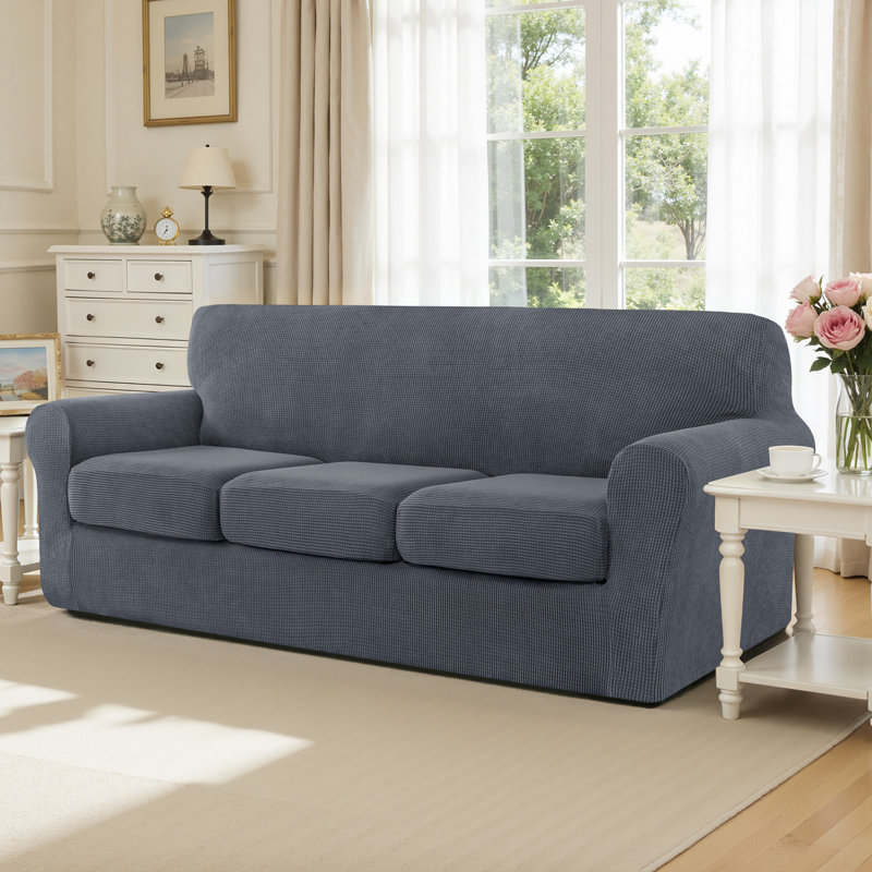 4 Piece Stretch Jacquard Couch Cover, Sofa Slipcover for 3 Cushion Couch, Machine Washable Furniture Protector(Sofa, Gray)