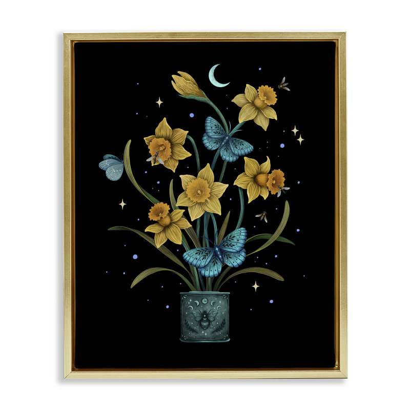 Cadre flottant Mystical March Daffodils, conception par Episodic Dessins, Cadre flottant métallique doré, H 21 po x l 17 po