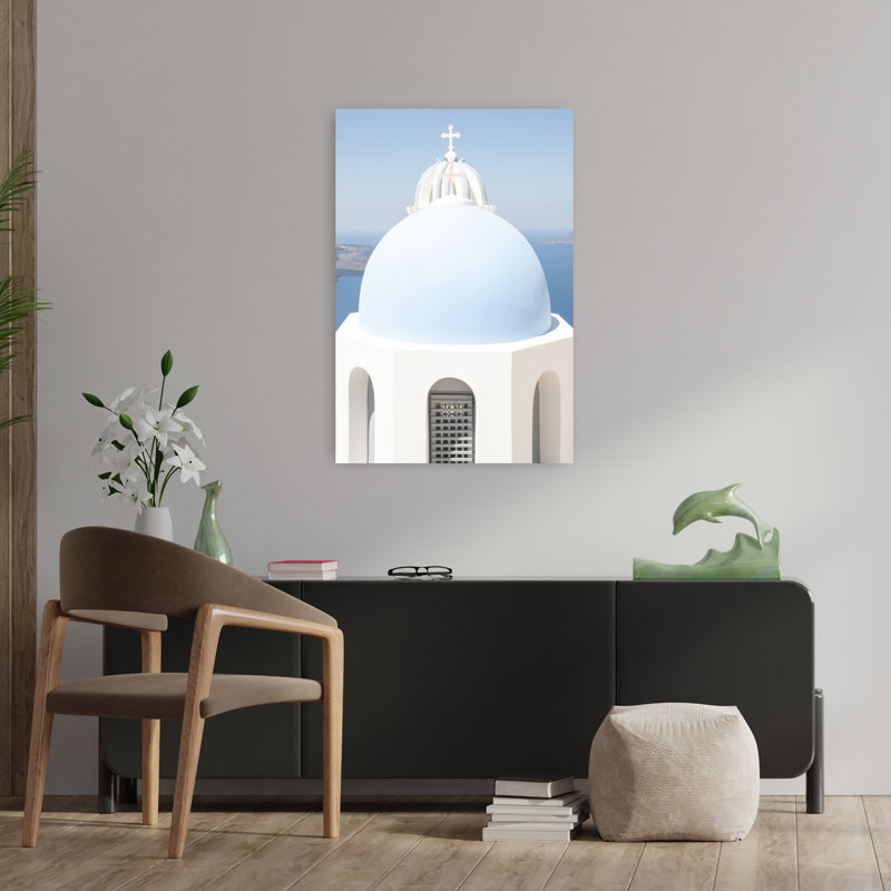 Santorini Blue Dome Traditional Tranquil Abstract Architecture Ocean Wall Art Print by Linda Wride - Wrapped Canvas Print