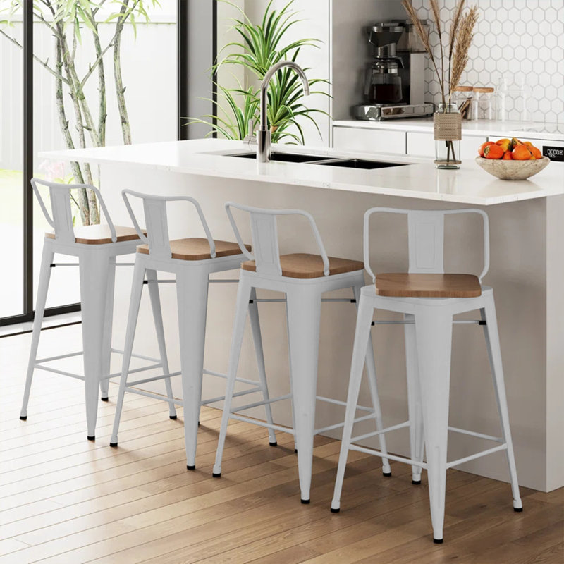 Off-White Metal Swivel Counter Stools with Wooden Seats, Set of 4
