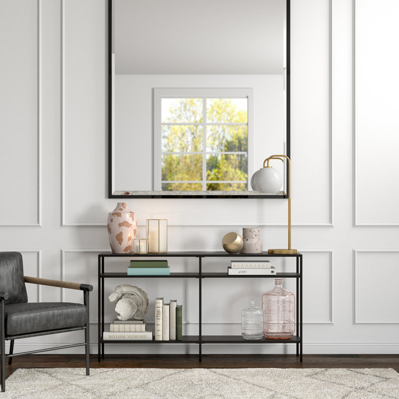 55" Wide Console Table with 2-Tier Open Shelving — Blackened Bronze Modern Metal Entryway Table for Living Room or Hallway | Ceno