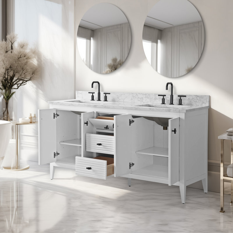 Laval 60" Double Sink Freestanding Bathroom Vanity with Engineered Marble Top, Linear White, Matte Black