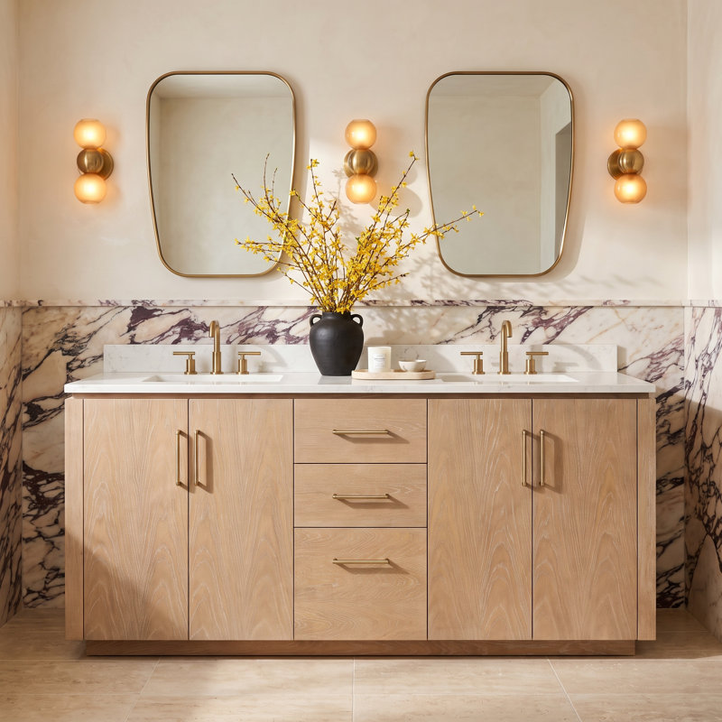 Cloverfield 72'' Double Bathroom Vanity with Cultured Marble Top, Gold, Washed Ash Gray