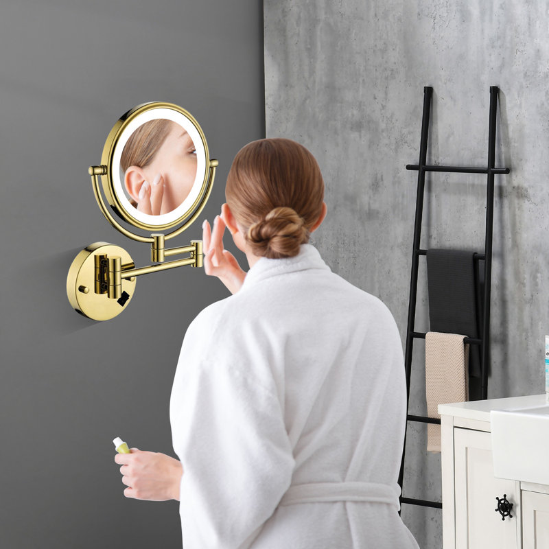 8" Dual-sided Wall Mounted Lighted Makeup Mirror, 1x/3x Magnification, Hardwired Connection, Brushed Gold