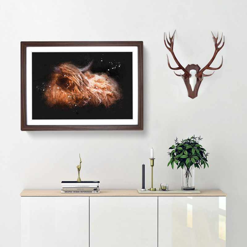 Highland Cow In The Shadows Paint Splash - Picture Frame Graphic Art, Walnut Framed, 33cm H x 45cm W x 2cm D