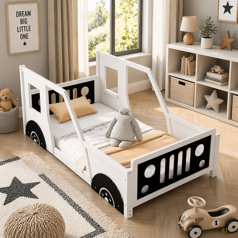 Lit plateforme classique avec roulettes en forme de voiture, Simple, Blanc