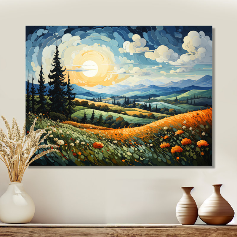 «Moonlight Swaying Cypress Pointillism I - Vangogh», reproduction d'art métallique traditionnelle, H 16 po x l 32 po