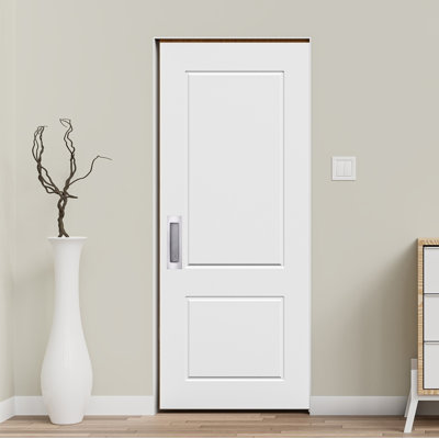 2 Panel Wood and PVC/Vinyl White Prefinished Paneled Sliding Pocket Closet Door with Installation Pocket Hardware Set