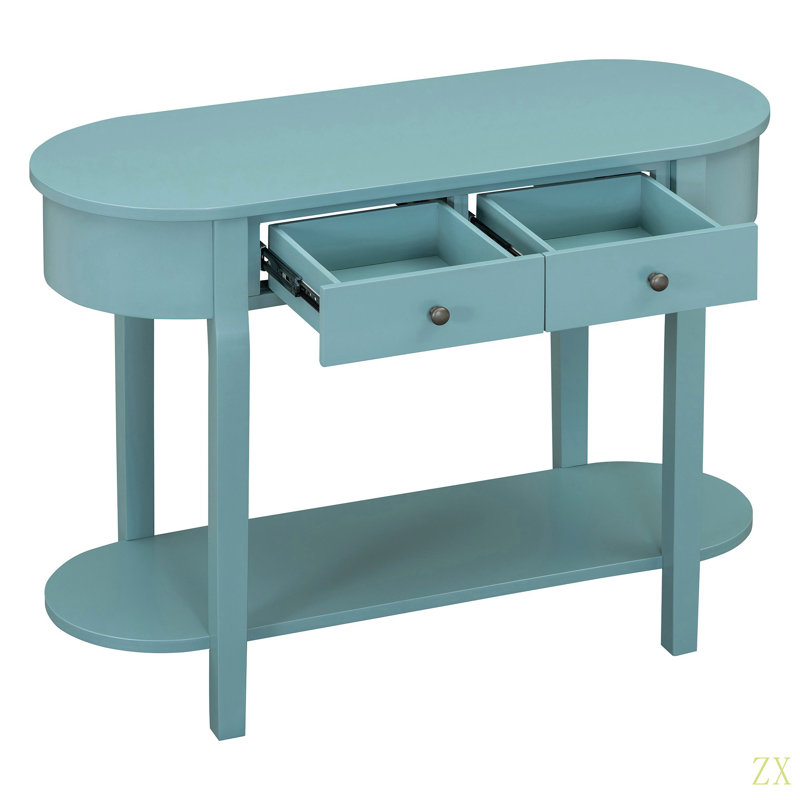 Elegant Retro Console Table With Curved Design And Smooth Glaze For Entryways, Living Rooms And Hallways, Turquoise Green