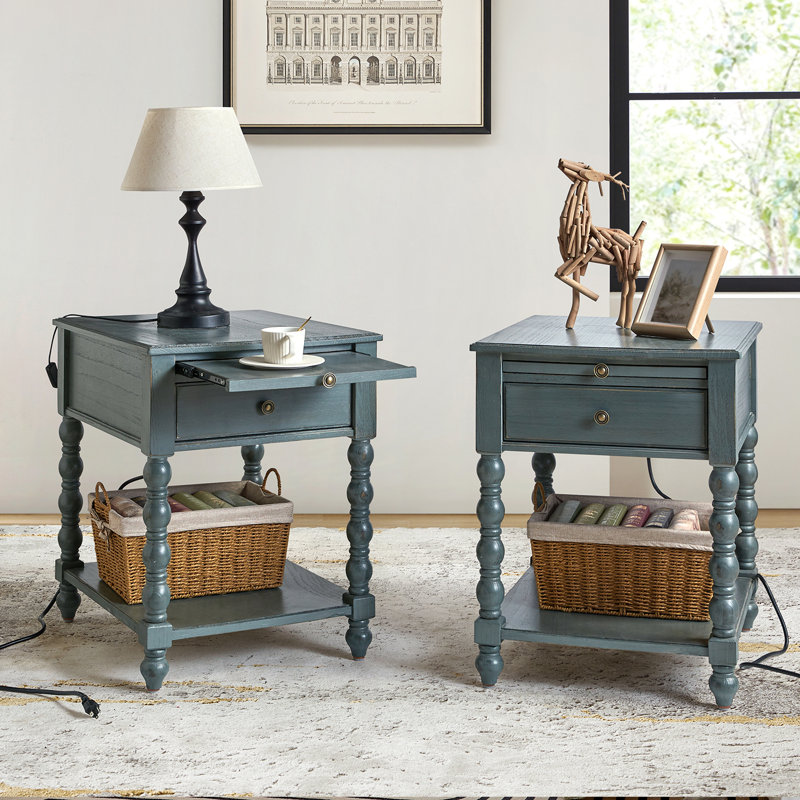 Dziekan 26" H Solid Wood End Tables with Charging Outlets (Set of 2), Blue