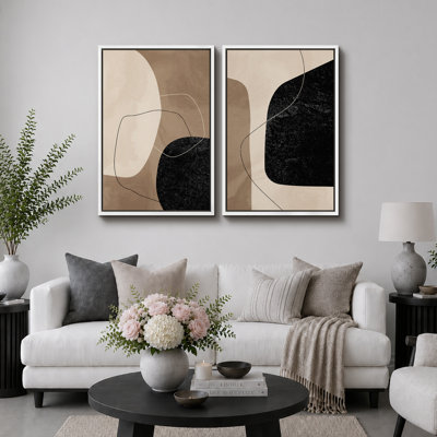 Forme Mid-Century «brun chaud et noir délavé, lignes abstraites, images murales modernes minimalistes neutres, impression sur toile encadrée 2 pièces, 16 x 24 x 2, 24 x 36 x 2