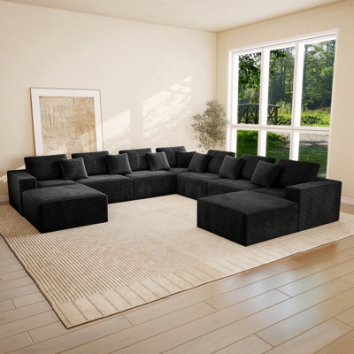 Abdou 141.7" Boneless U-Shaped Compression Sectional Sofa, Corduroy Cloud Couch, Black