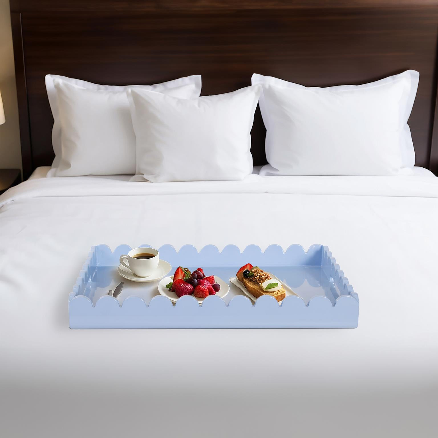 Hindley Hand-Crafted Rectangular Scalloped Wood Tray, Light Blue
