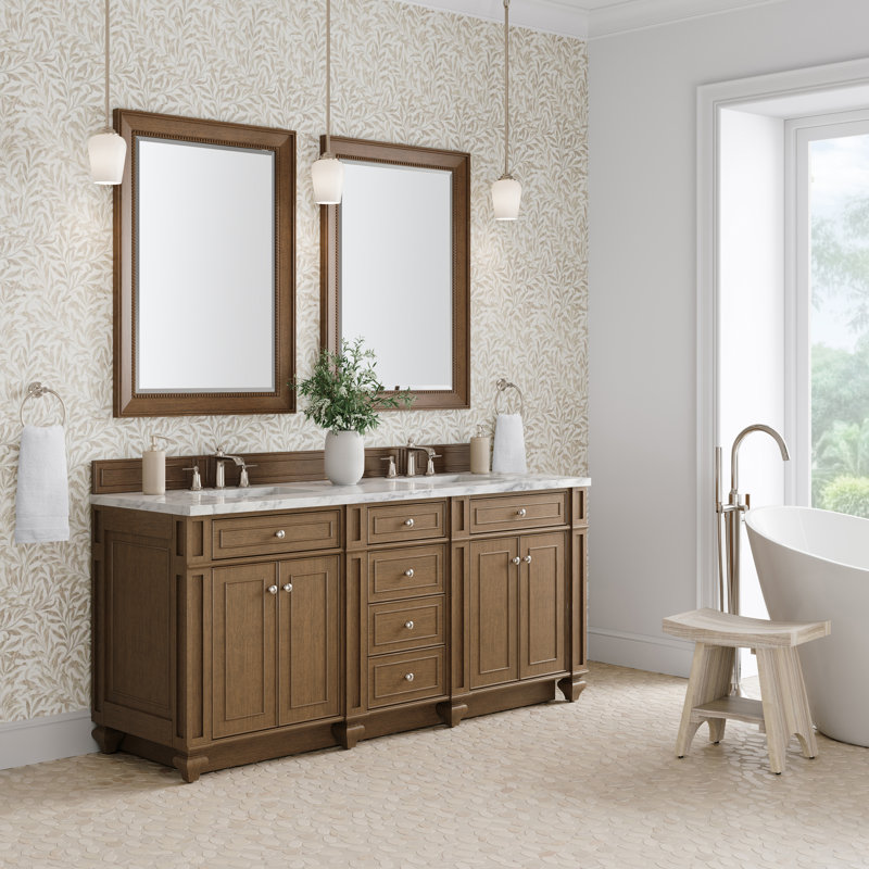Meuble-lavabo double l 72 po Bristol, Brun selle, Blanc de Carrare, 8 po