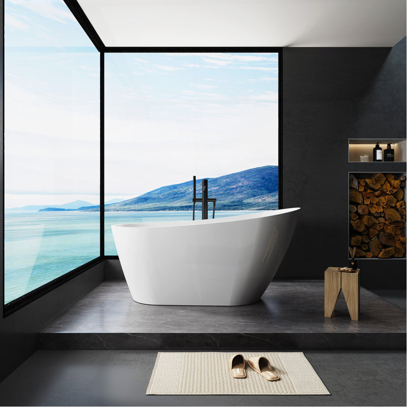 Baignoire de trempage autoportante 67 po en acrylique avec trop-plein et drain chromés, certifié Cupc, blanc scintillant 22A04-67-1
